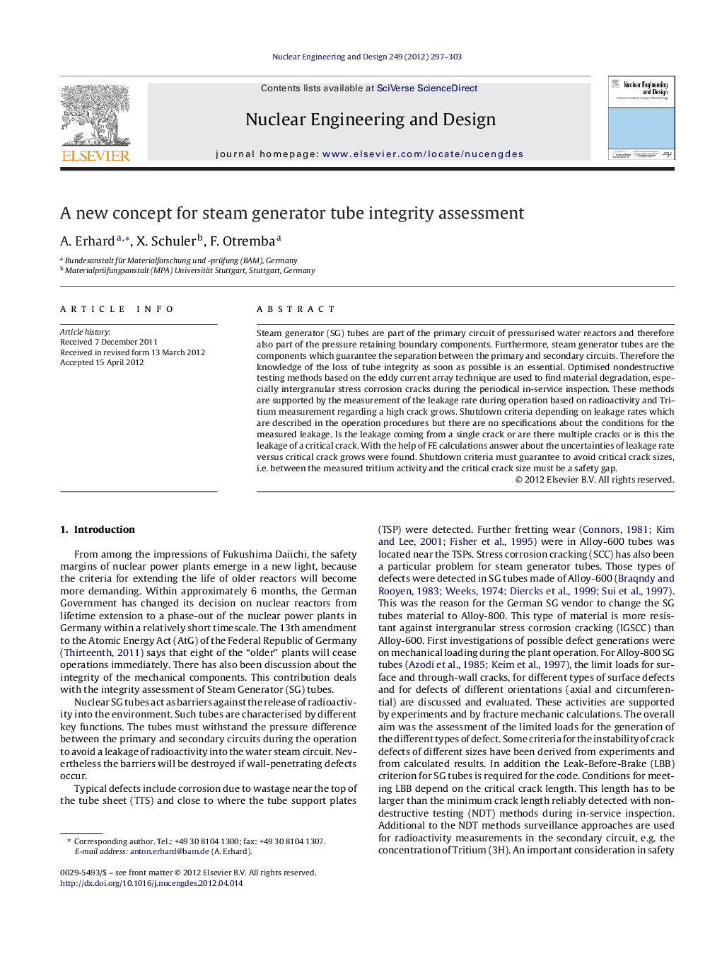 A new concept for steam generator tube integrity assessment