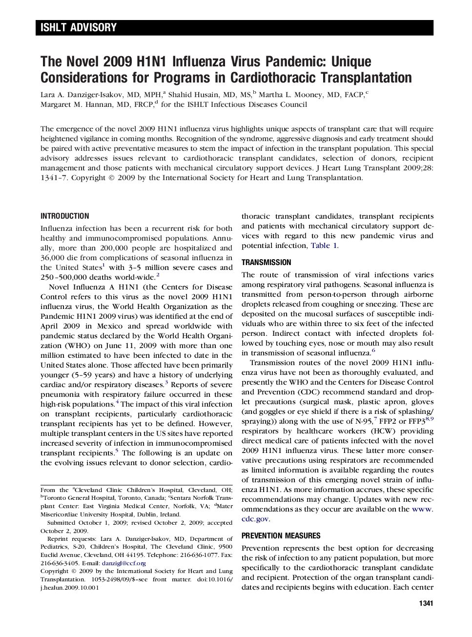 عکس صفحه اول مقاله: The Novel 2009 H1N1 Influenza Virus Pandemic: Unique Considerations for Programs in Cardiothoracic Transplantation The Novel 2009 H1N1 Influenza Virus Pandemic: Unique Considerations for Programs in Cardiothoracic Transplantation