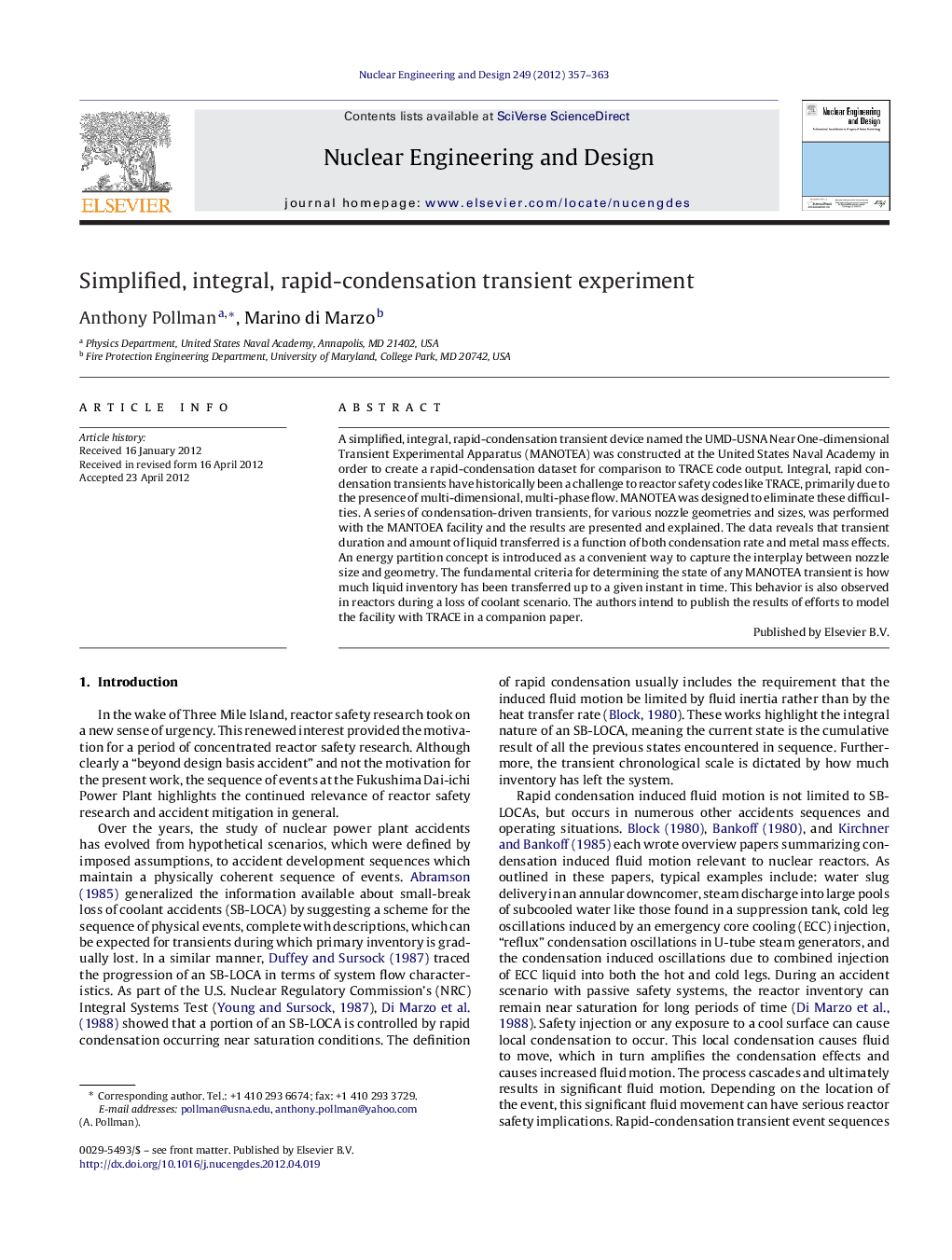 Simplified, integral, rapid-condensation transient experiment