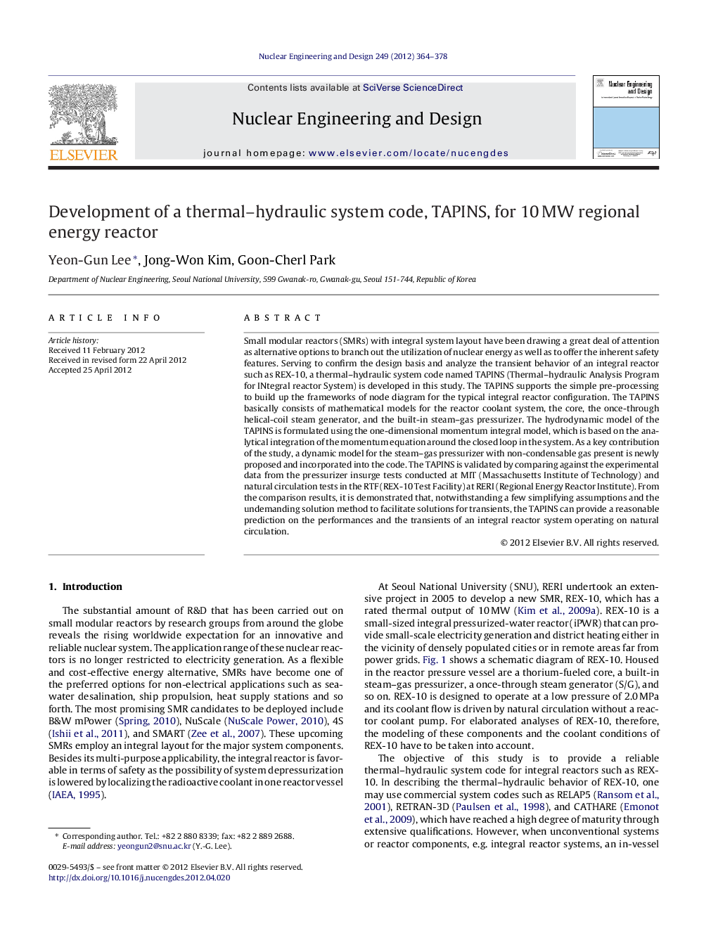 Development of a thermal–hydraulic system code, TAPINS, for 10 MW regional energy reactor