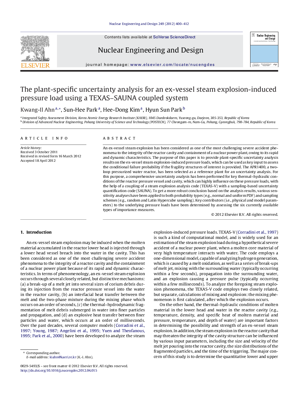 The plant-specific uncertainty analysis for an ex-vessel steam explosion-induced pressure load using a TEXAS–SAUNA coupled system