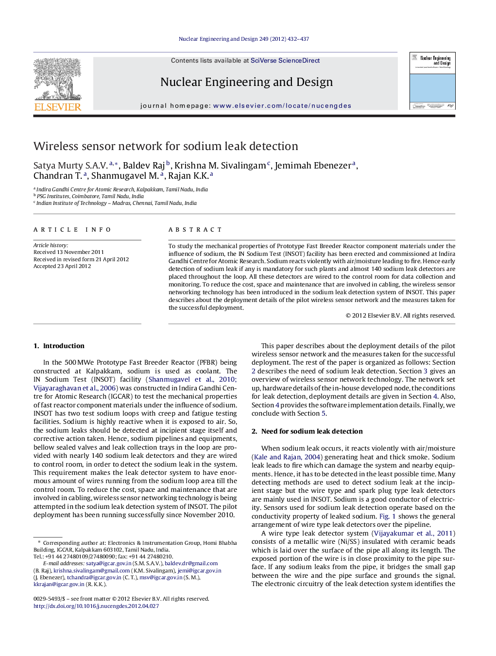 Wireless sensor network for sodium leak detection