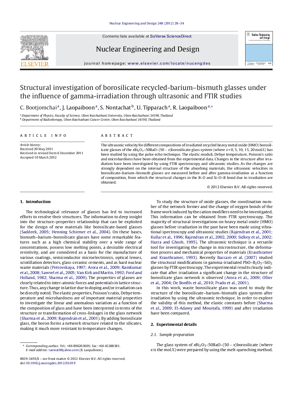 Structural investigation of borosilicate recycled-barium–bismuth glasses under the influence of gamma-irradiation through ultrasonic and FTIR studies