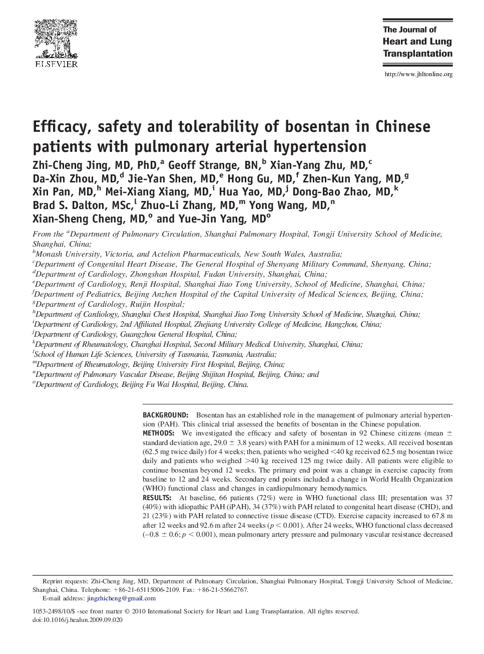Efficacy, safety and tolerability of bosentan in Chinese patients with pulmonary arterial hypertension