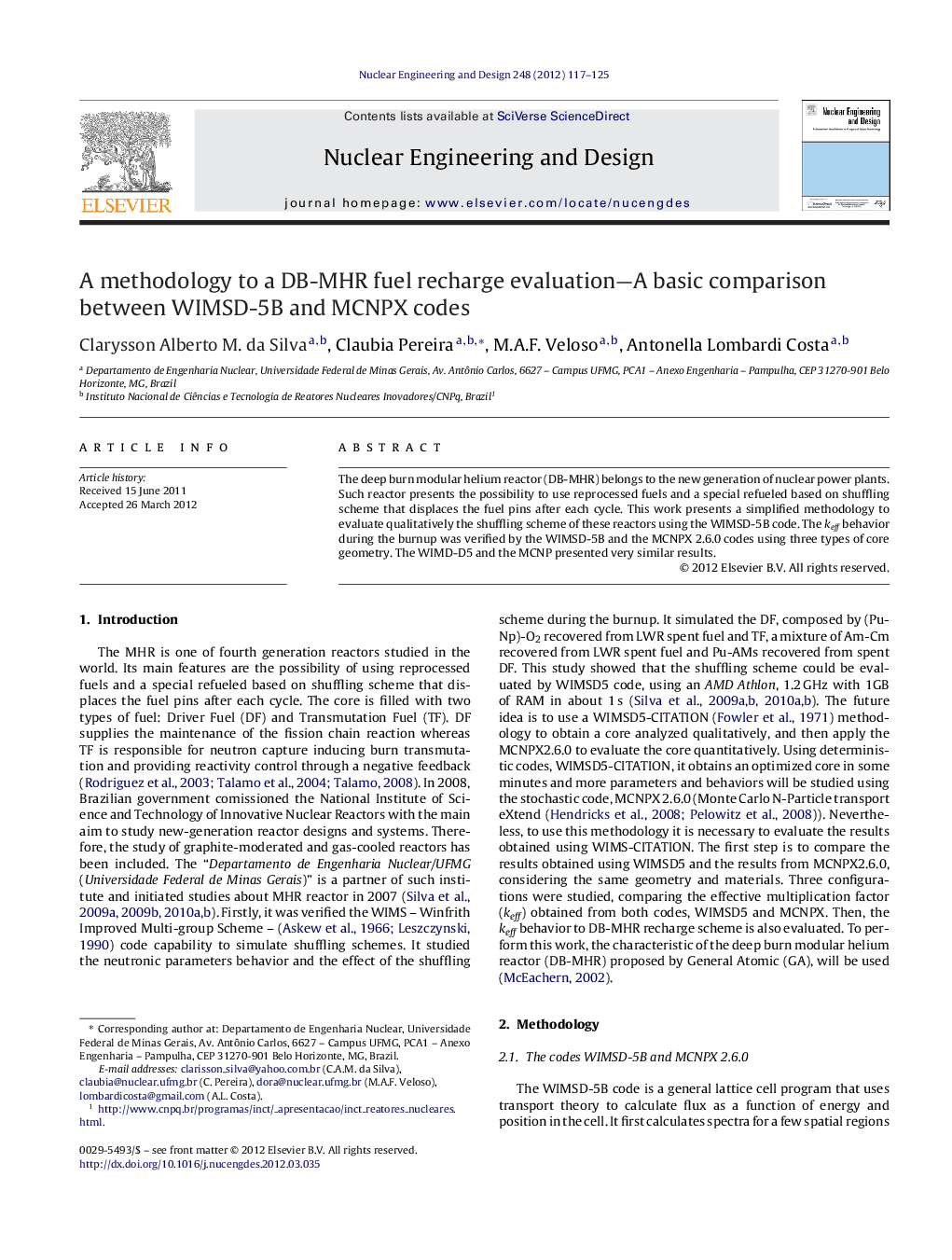 A methodology to a DB-MHR fuel recharge evaluation—A basic comparison between WIMSD-5B and MCNPX codes