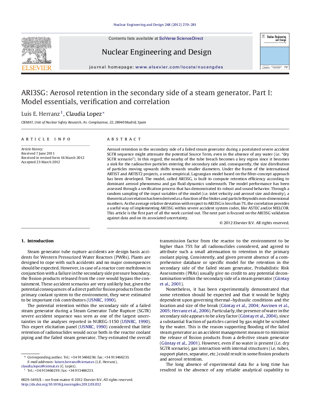 ARI3SG: Aerosol retention in the secondary side of a steam generator. Part I: Model essentials, verification and correlation