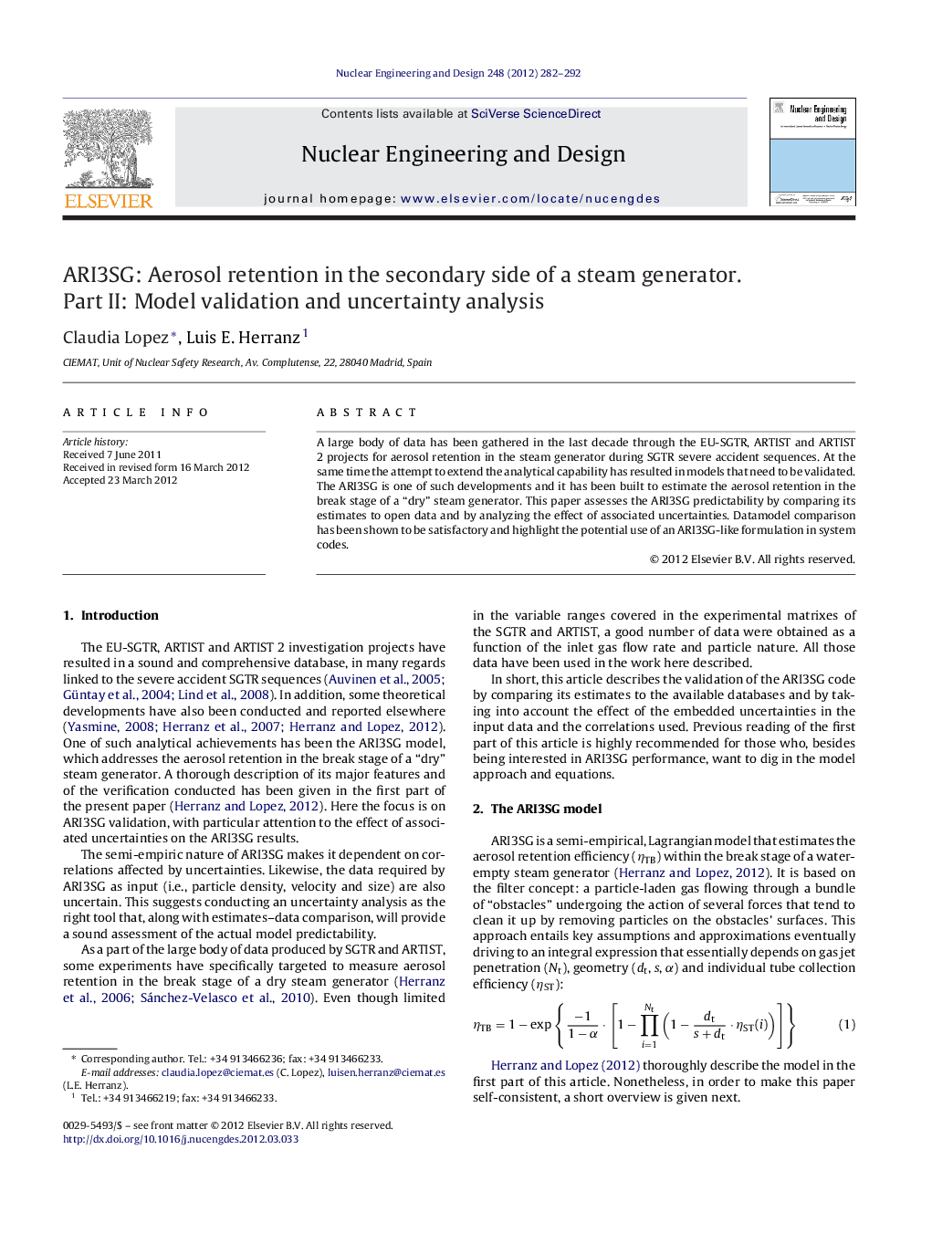 ARI3SG: Aerosol retention in the secondary side of a steam generator. Part II: Model validation and uncertainty analysis