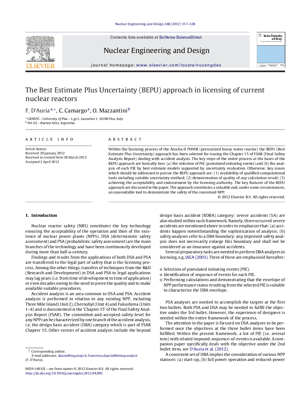 The Best Estimate Plus Uncertainty (BEPU) approach in licensing of current nuclear reactors