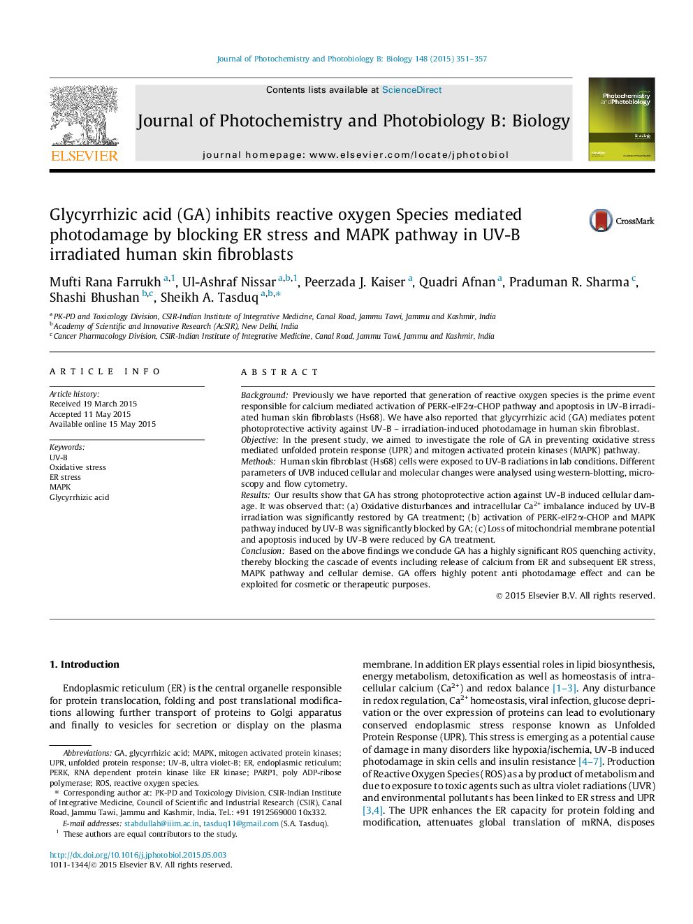 Glycyrrhizic acid (GA) inhibits reactive oxygen Species mediated photodamage by blocking ER stress and MAPK pathway in UV-B irradiated human skin fibroblasts