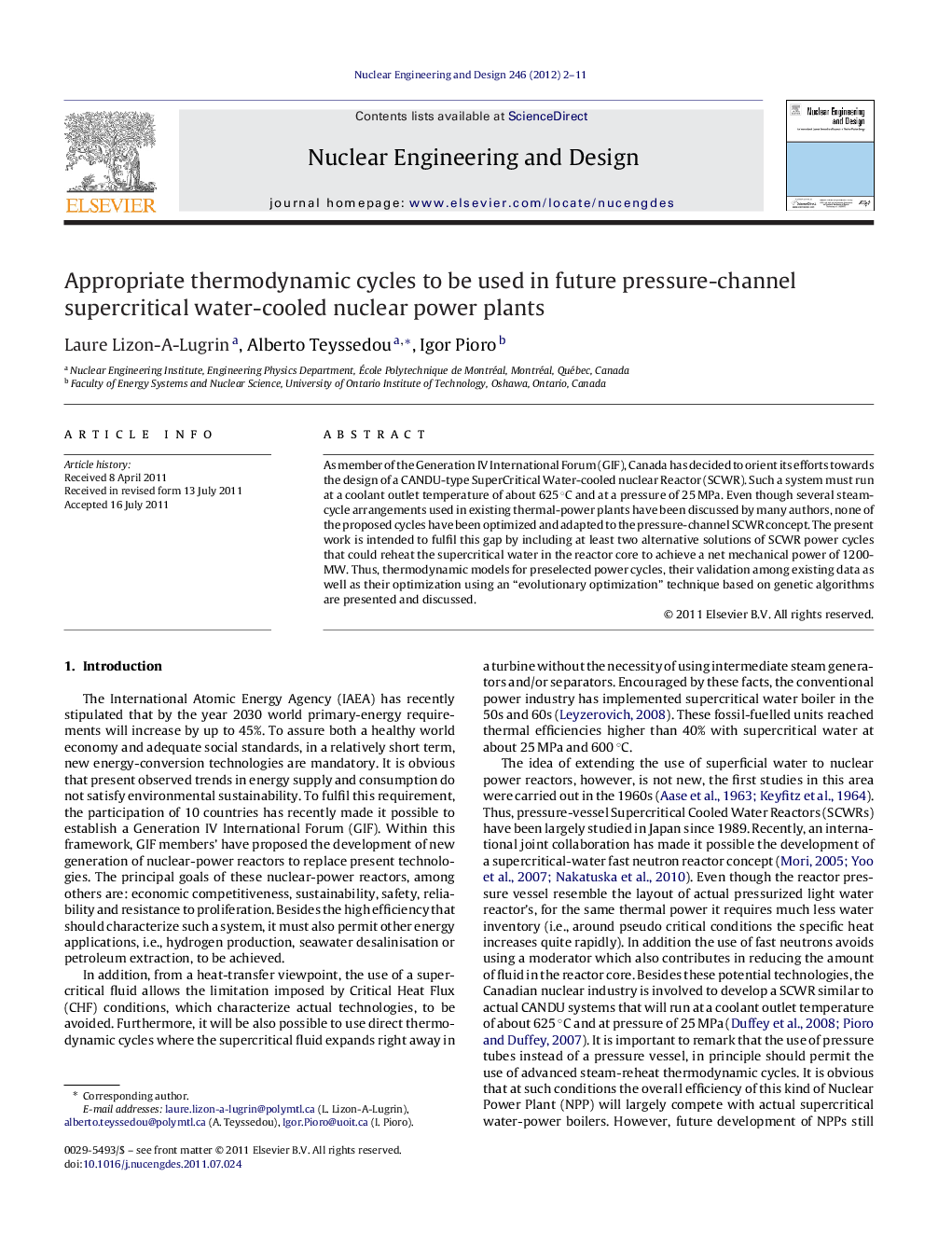 Appropriate thermodynamic cycles to be used in future pressure-channel supercritical water-cooled nuclear power plants