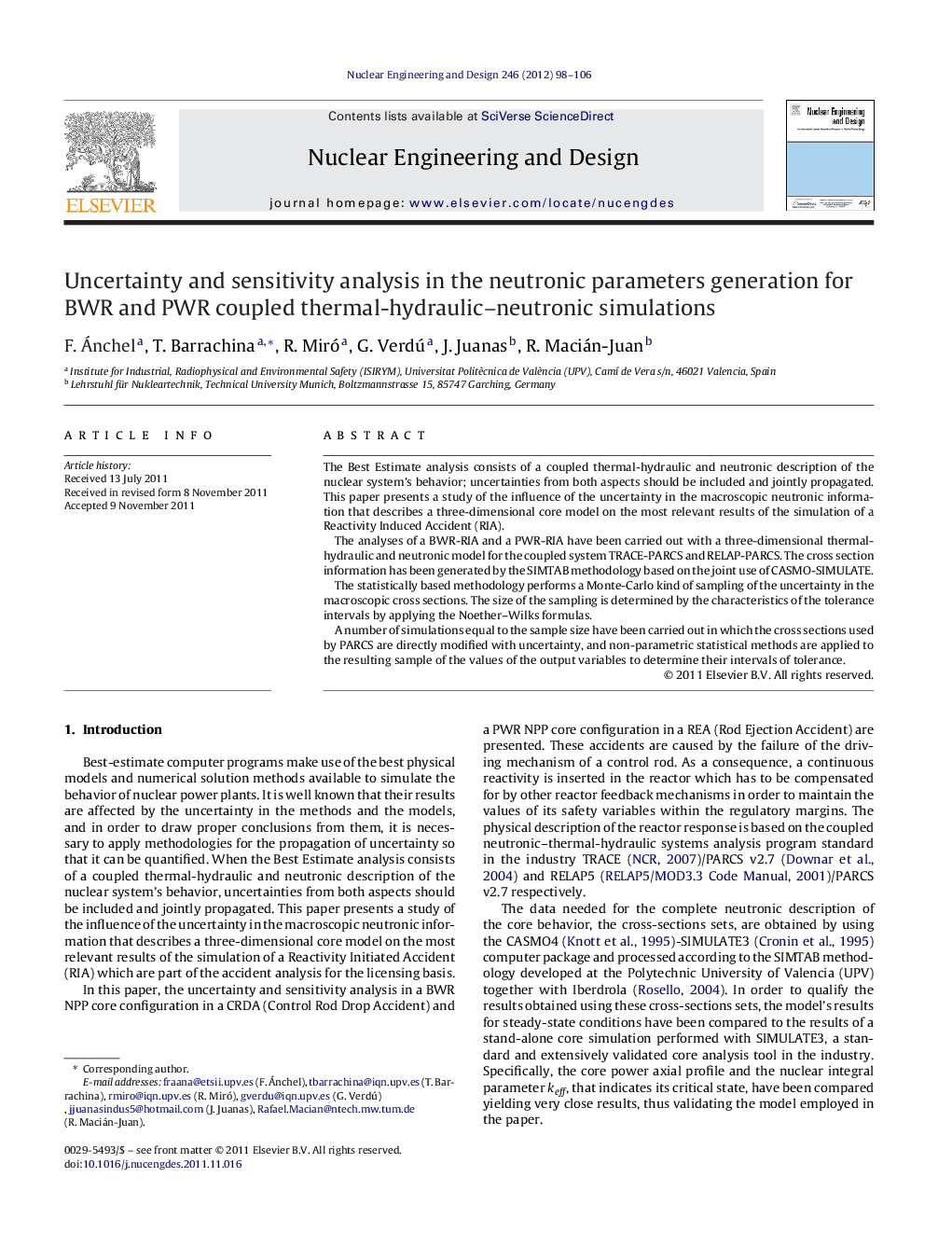 Uncertainty and sensitivity analysis in the neutronic parameters generation for BWR and PWR coupled thermal-hydraulic–neutronic simulations
