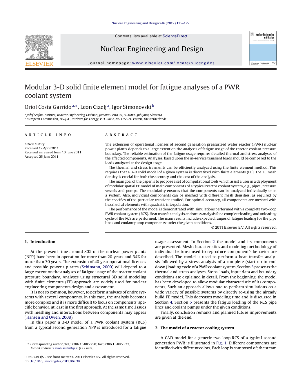 Modular 3-D solid finite element model for fatigue analyses of a PWR coolant system