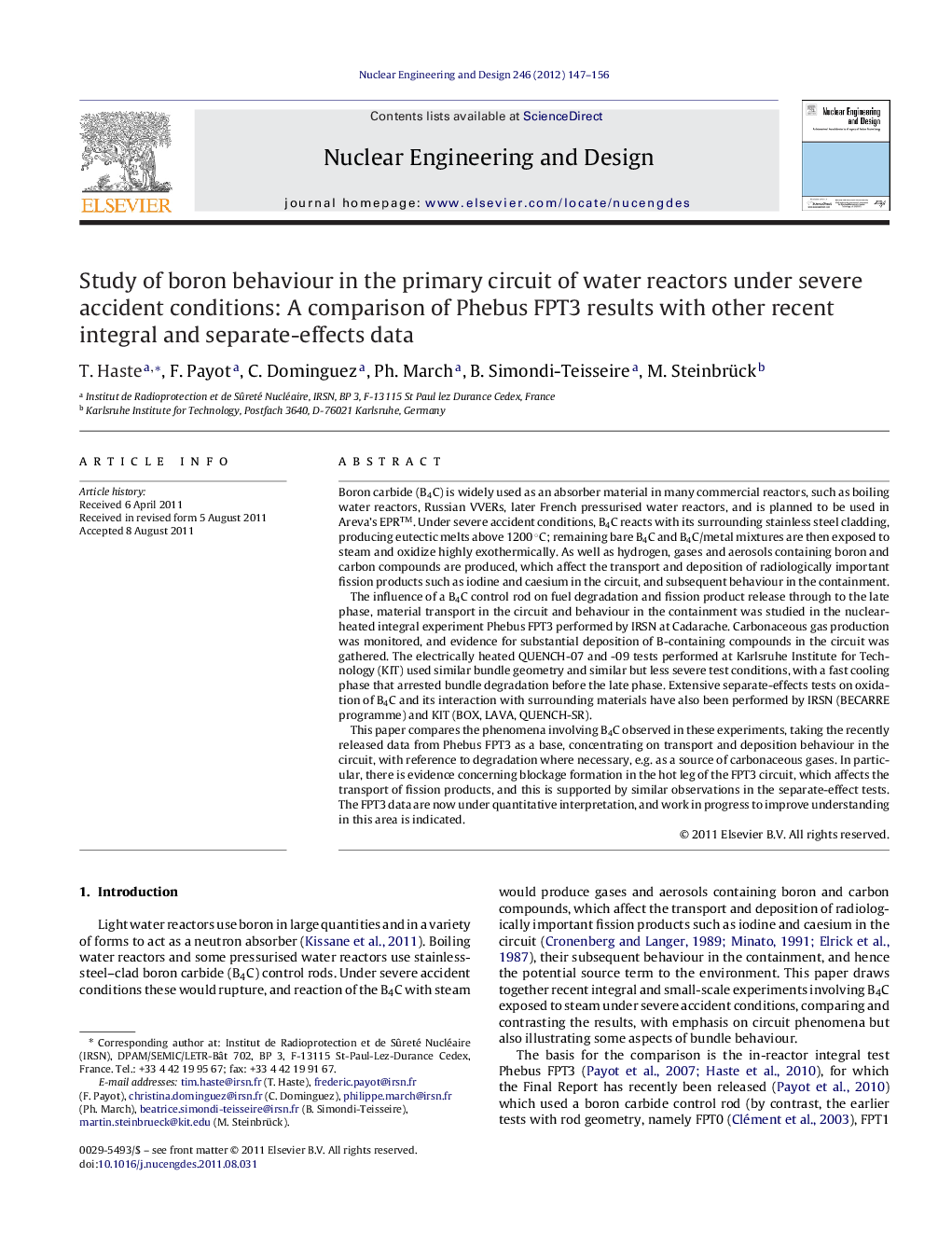 Study of boron behaviour in the primary circuit of water reactors under severe accident conditions: A comparison of Phebus FPT3 results with other recent integral and separate-effects data