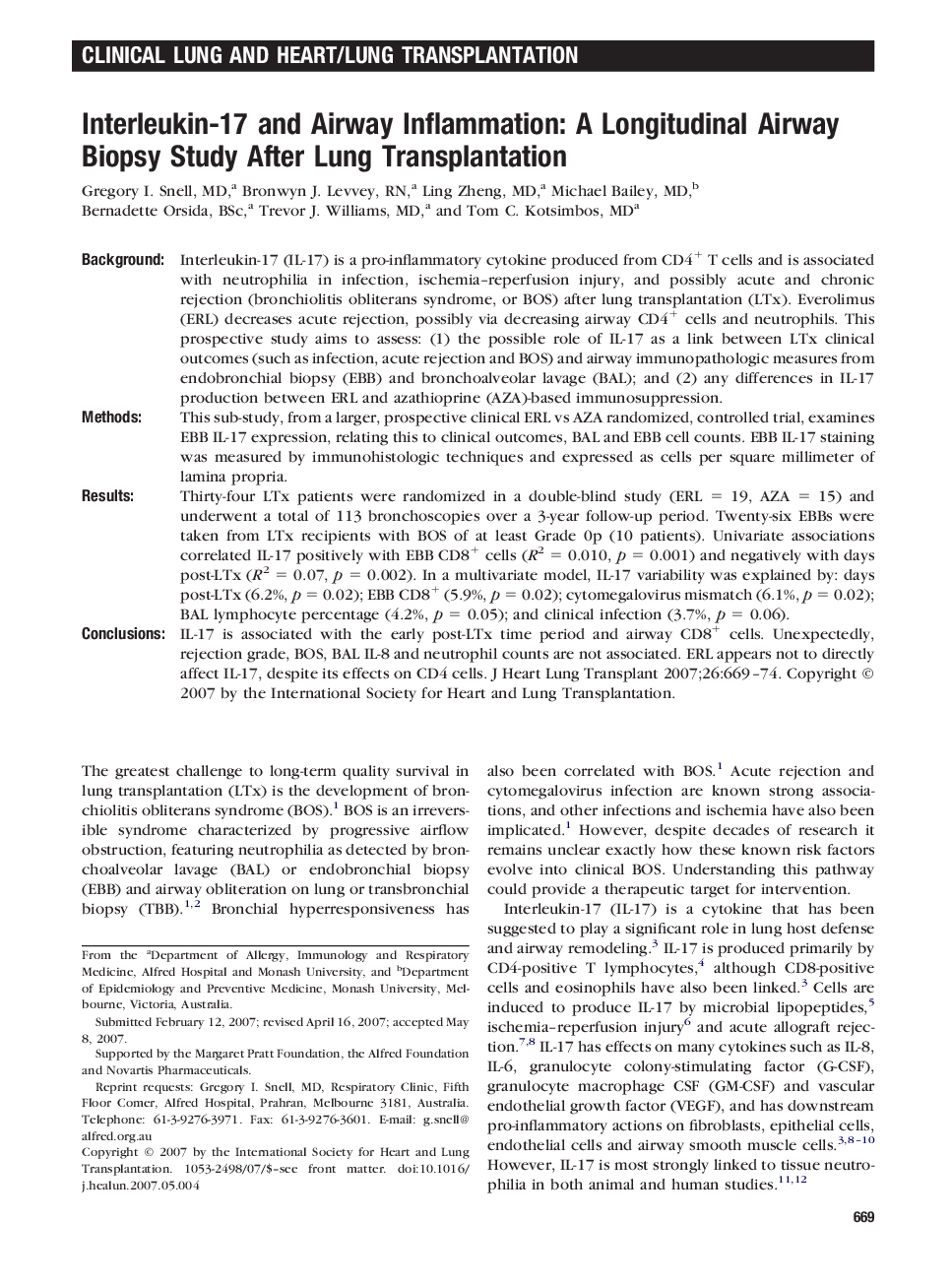 عکس صفحه اول مقاله: Interleukin-17 and Airway Inflammation: A Longitudinal Airway Biopsy Study After Lung Transplantation Interleukin-17 and Airway Inflammation: A Longitudinal Airway Biopsy Study After Lung Transplantation