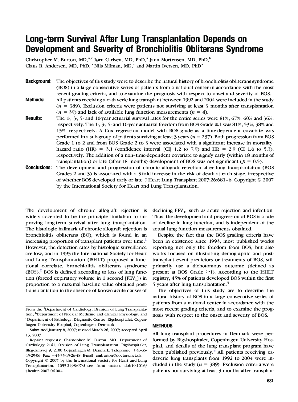 عکس صفحه اول مقاله: Long-term Survival After Lung Transplantation Depends on Development and Severity of Bronchiolitis Obliterans Syndrome Long-term Survival After Lung Transplantation Depends on Development and Severity of Bronchiolitis Obliterans Syndrome