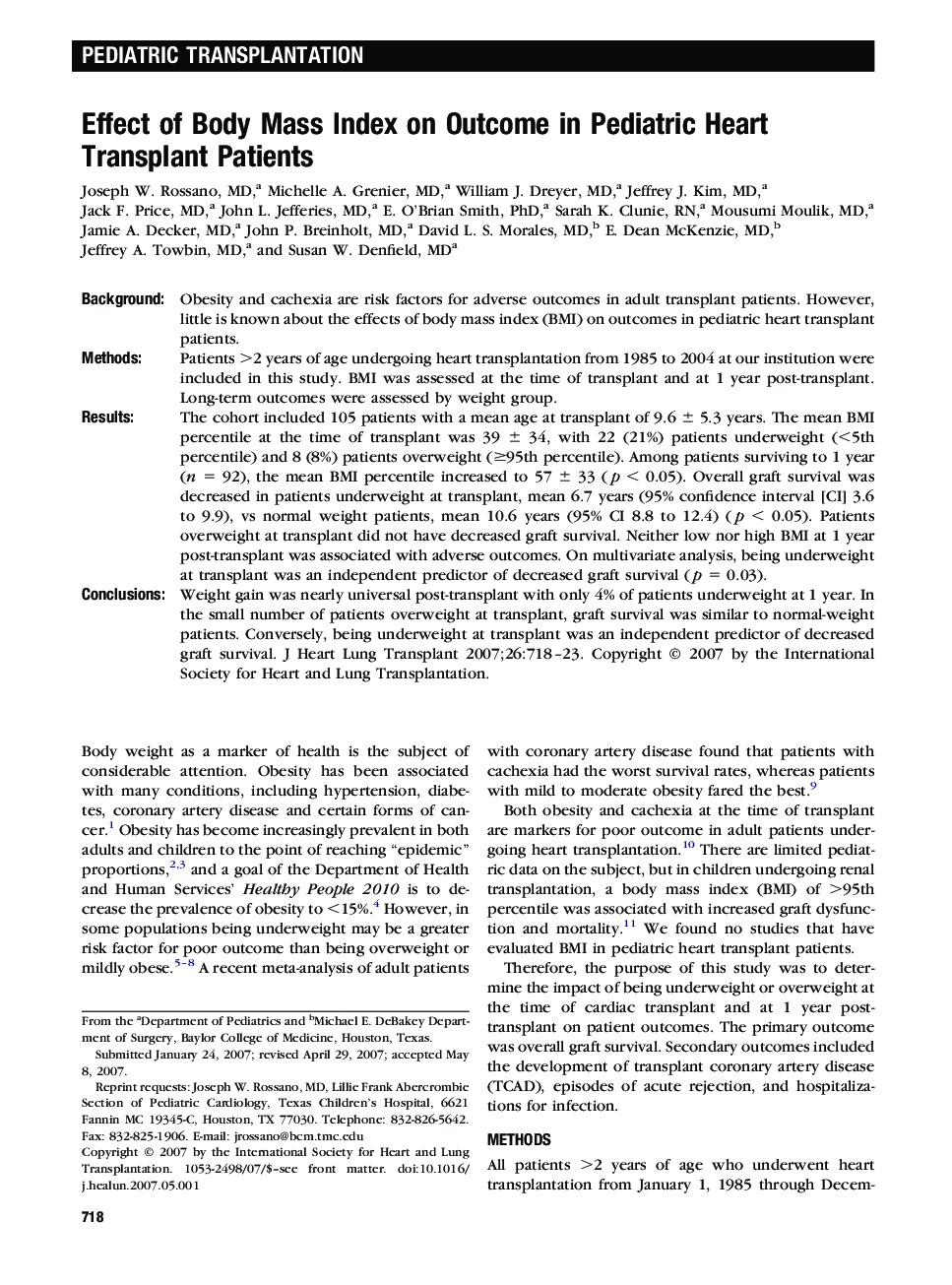Effect of Body Mass Index on Outcome in Pediatric Heart Transplant Patients