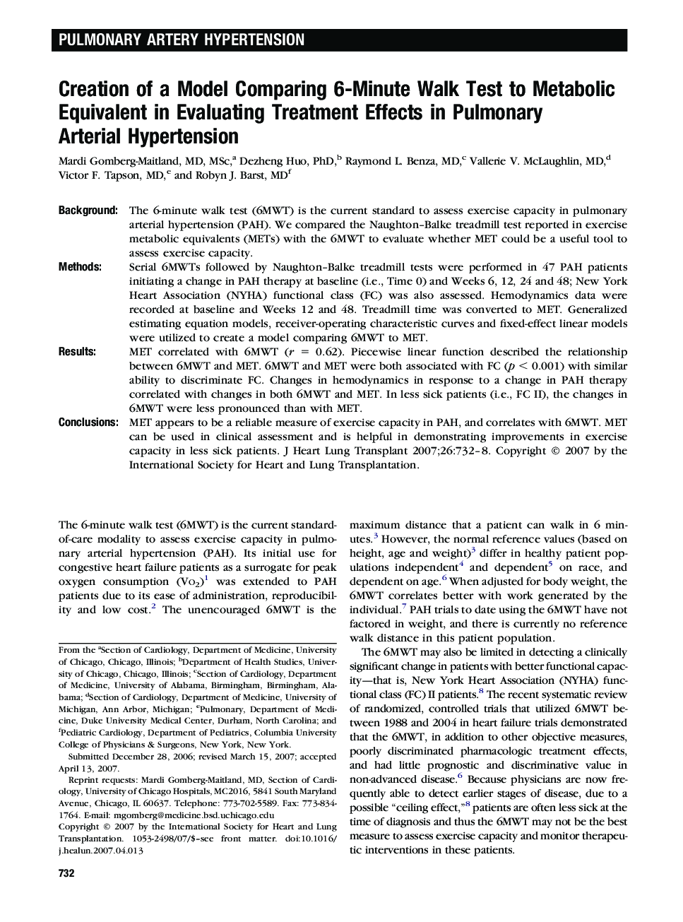عکس صفحه اول مقاله: Creation of a Model Comparing 6-Minute Walk Test to Metabolic Equivalent in Evaluating Treatment Effects in Pulmonary Arterial Hypertension Creation of a Model Comparing 6-Minute Walk Test to Metabolic Equivalent in Evaluating Treatment Effects in Pulmonary Arterial Hypertension
