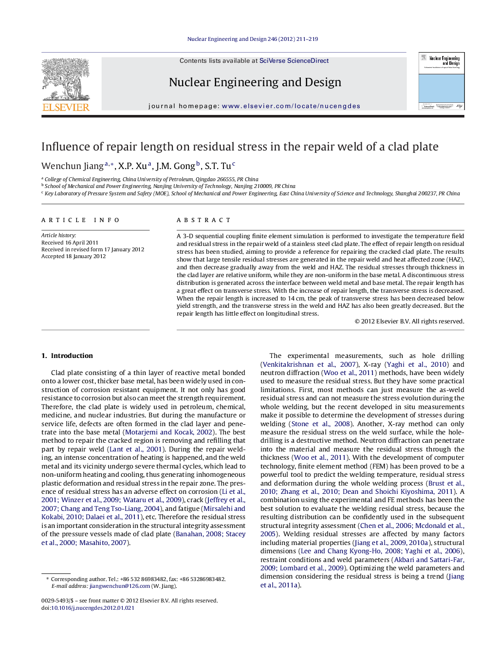 Influence of repair length on residual stress in the repair weld of a clad plate