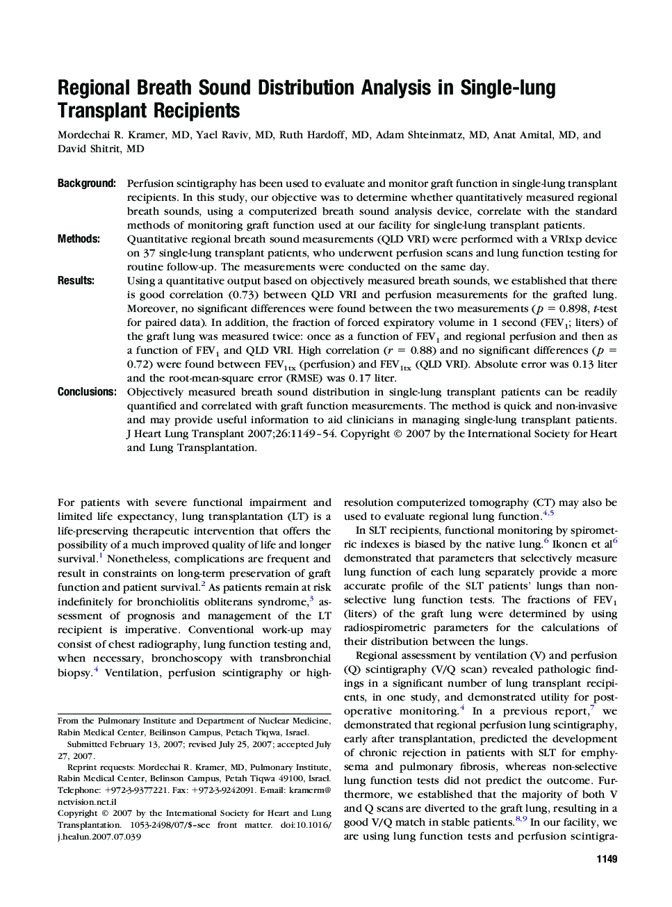 Regional Breath Sound Distribution Analysis in Single-lung Transplant Recipients