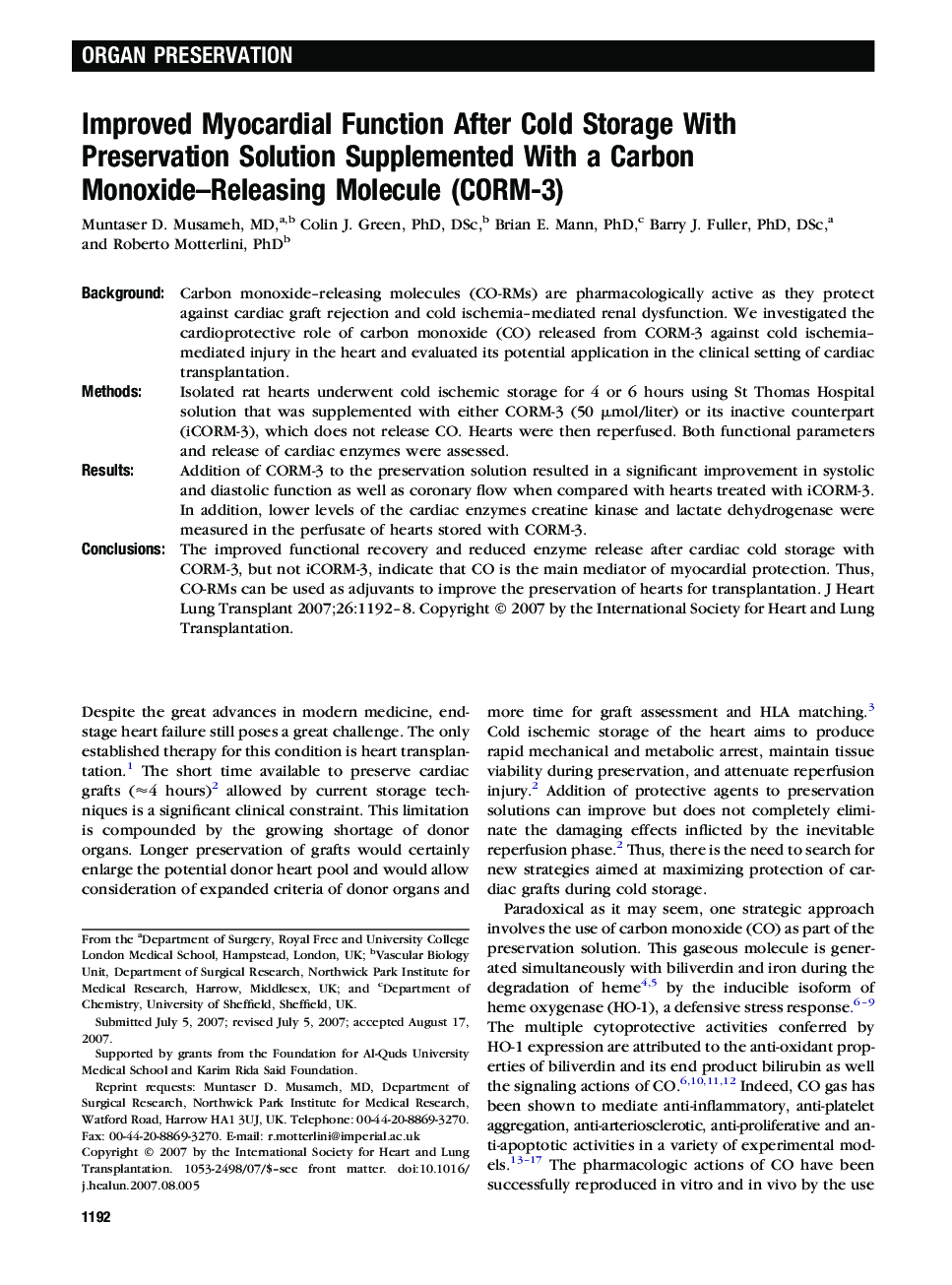 عکس صفحه اول مقاله: Improved Myocardial Function After Cold Storage With Preservation Solution Supplemented With a Carbon Monoxide-Releasing Molecule (CORM-3) Improved Myocardial Function After Cold Storage With Preservation Solution Supplemented With a Carbon Monoxide-Releasing Molecule (CORM-3)