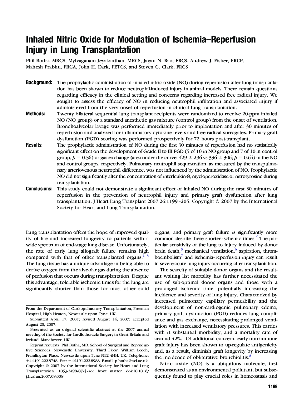 عکس صفحه اول مقاله: Inhaled Nitric Oxide for Modulation of Ischemia-Reperfusion Injury in Lung Transplantation Inhaled Nitric Oxide for Modulation of Ischemia-Reperfusion Injury in Lung Transplantation