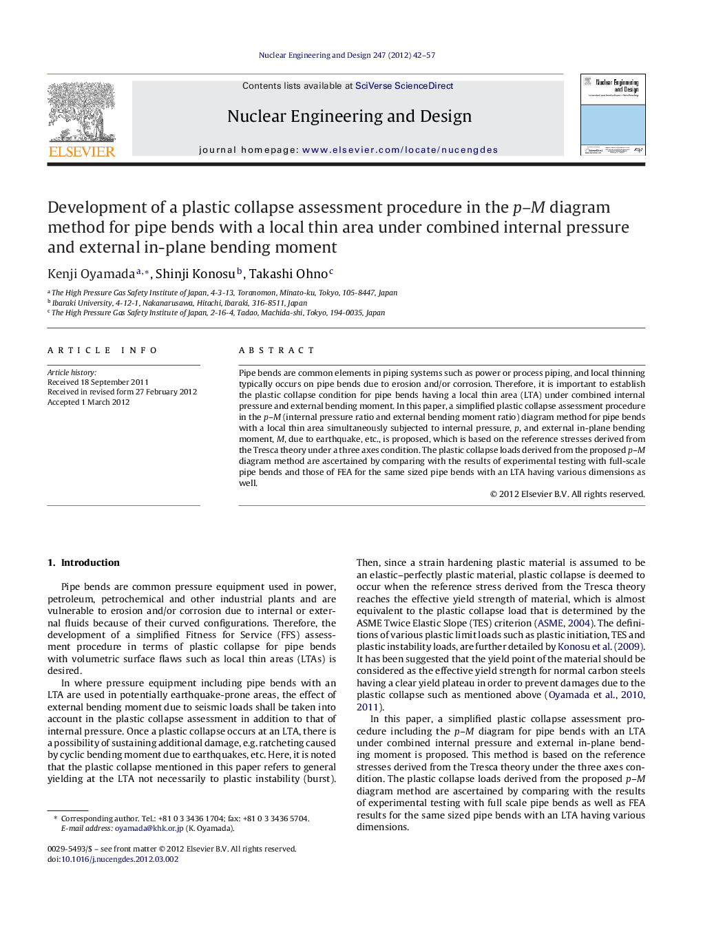Development of a plastic collapse assessment procedure in the p–M diagram method for pipe bends with a local thin area under combined internal pressure and external in-plane bending moment