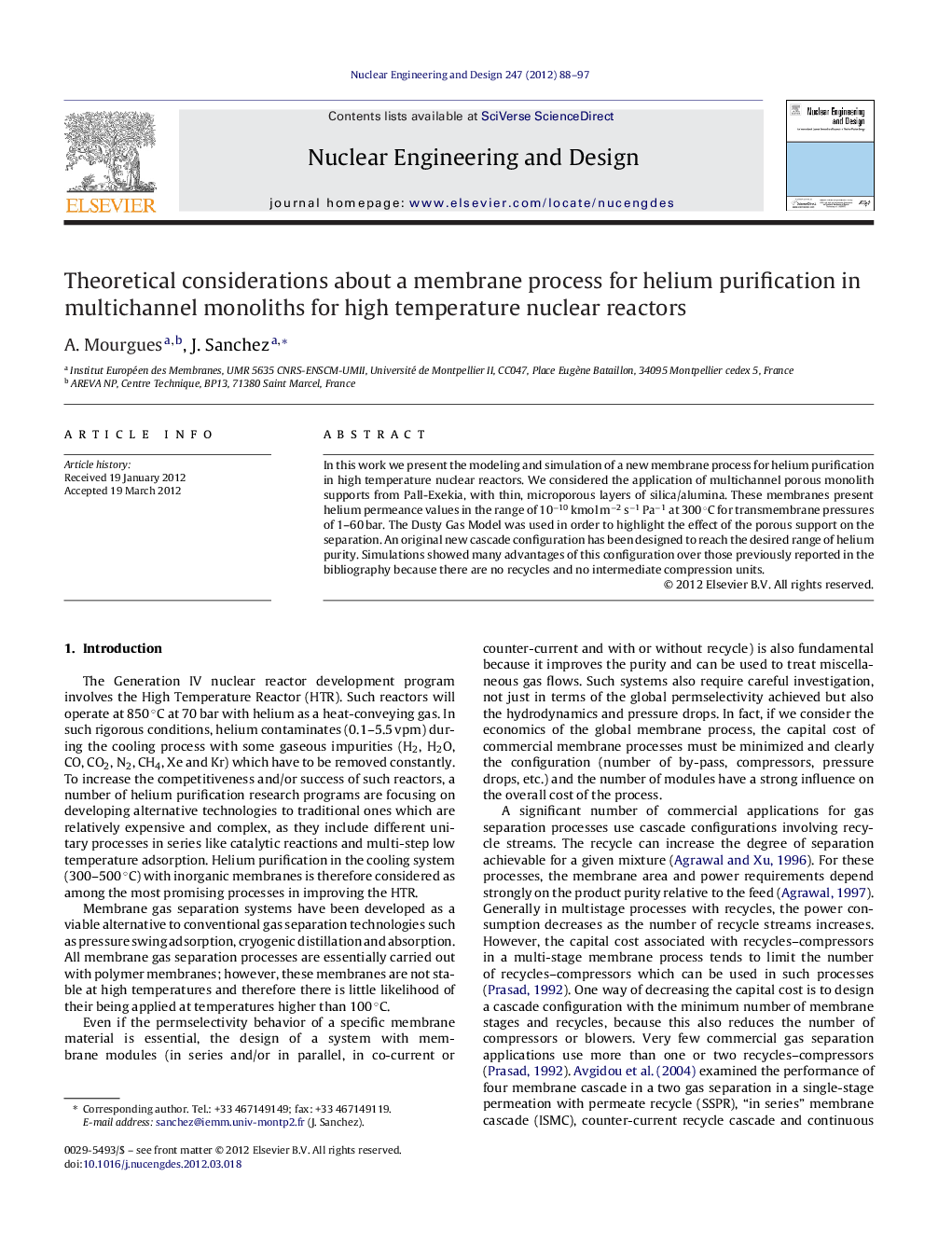 Theoretical considerations about a membrane process for helium purification in multichannel monoliths for high temperature nuclear reactors