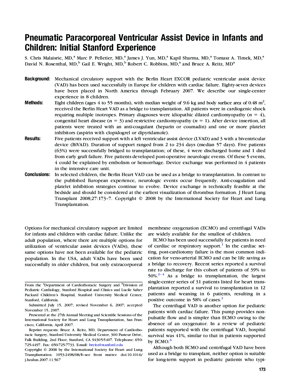 عکس صفحه اول مقاله: Pneumatic Paracorporeal Ventricular Assist Device in Infants and Children: Initial Stanford Experience Pneumatic Paracorporeal Ventricular Assist Device in Infants and Children: Initial Stanford Experience