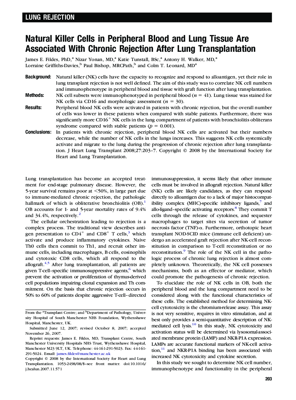 عکس صفحه اول مقاله: Natural Killer Cells in Peripheral Blood and Lung Tissue Are Associated With Chronic Rejection After Lung Transplantation Natural Killer Cells in Peripheral Blood and Lung Tissue Are Associated With Chronic Rejection After Lung Transplantation