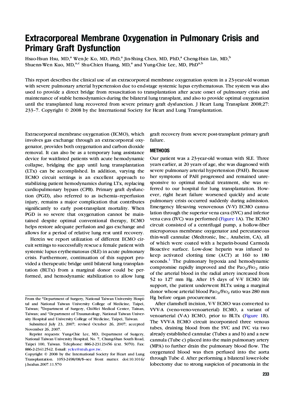 عکس صفحه اول مقاله: Extracorporeal Membrane Oxygenation in Pulmonary Crisis and Primary Graft Dysfunction Extracorporeal Membrane Oxygenation in Pulmonary Crisis and Primary Graft Dysfunction