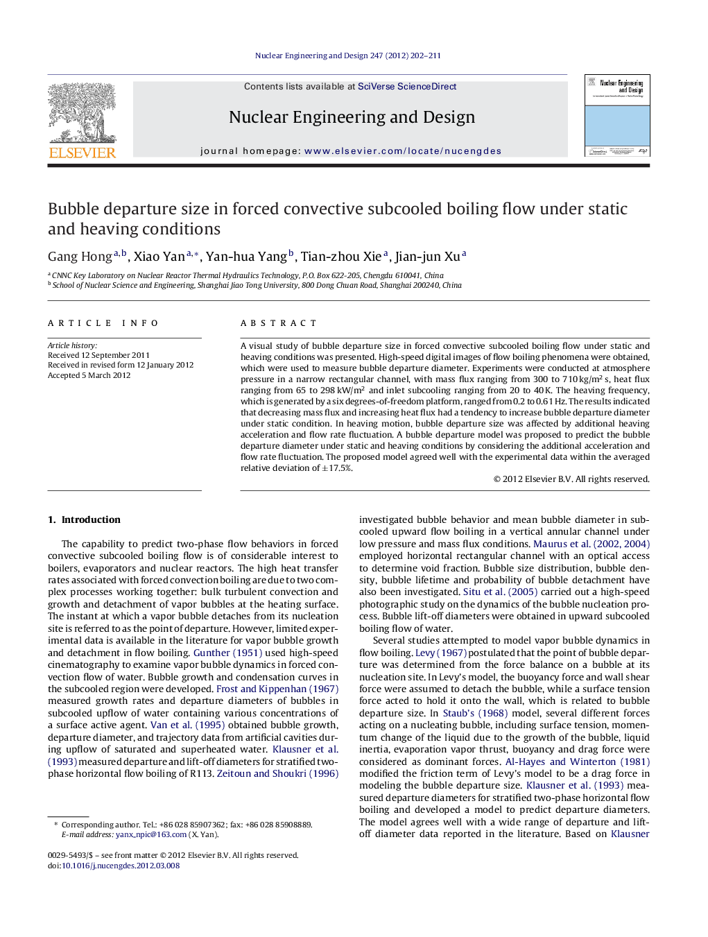Bubble departure size in forced convective subcooled boiling flow under static and heaving conditions