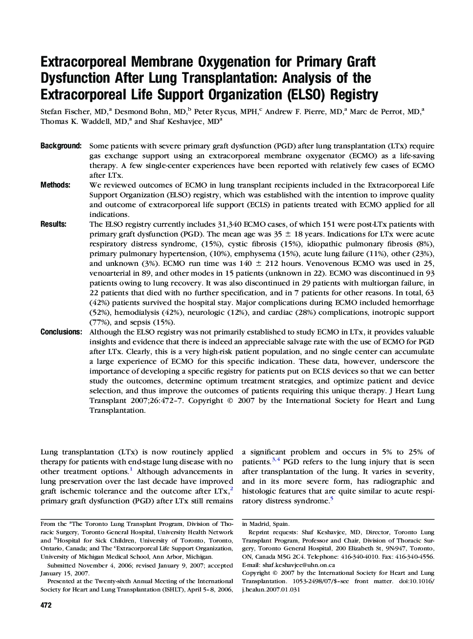 Extracorporeal Membrane Oxygenation for Primary Graft Dysfunction After Lung Transplantation: Analysis of the Extracorporeal Life Support Organization (ELSO) Registry