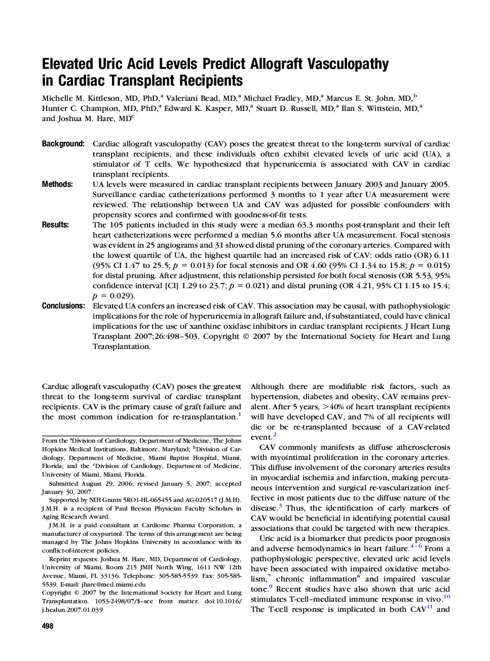 عکس صفحه اول مقاله: Elevated Uric Acid Levels Predict Allograft Vasculopathy in Cardiac Transplant Recipients Elevated Uric Acid Levels Predict Allograft Vasculopathy in Cardiac Transplant Recipients