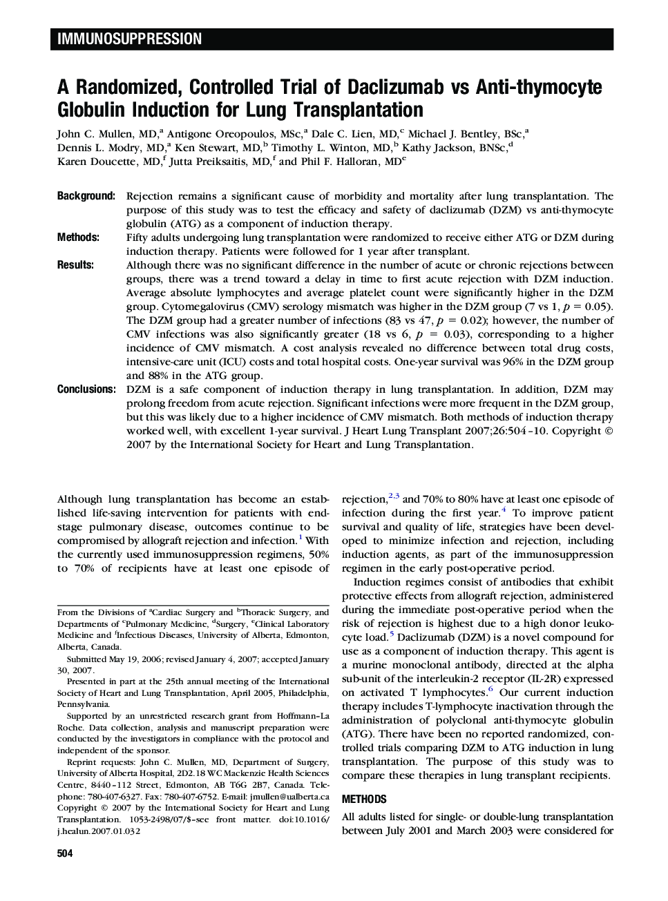 عکس صفحه اول مقاله: A Randomized, Controlled Trial of Daclizumab vs Anti-thymocyte Globulin Induction for Lung Transplantation A Randomized, Controlled Trial of Daclizumab vs Anti-thymocyte Globulin Induction for Lung Transplantation