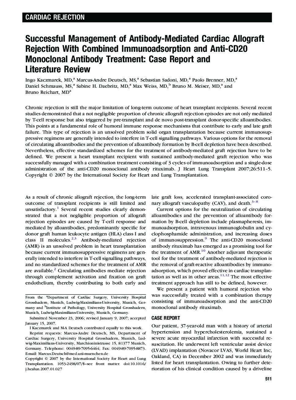Successful Management of Antibody-Mediated Cardiac Allograft Rejection With Combined Immunoadsorption and Anti-CD20 Monoclonal Antibody Treatment: Case Report and Literature Review