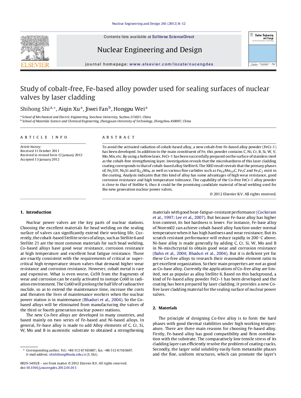 Study of cobalt-free, Fe-based alloy powder used for sealing surfaces of nuclear valves by laser cladding