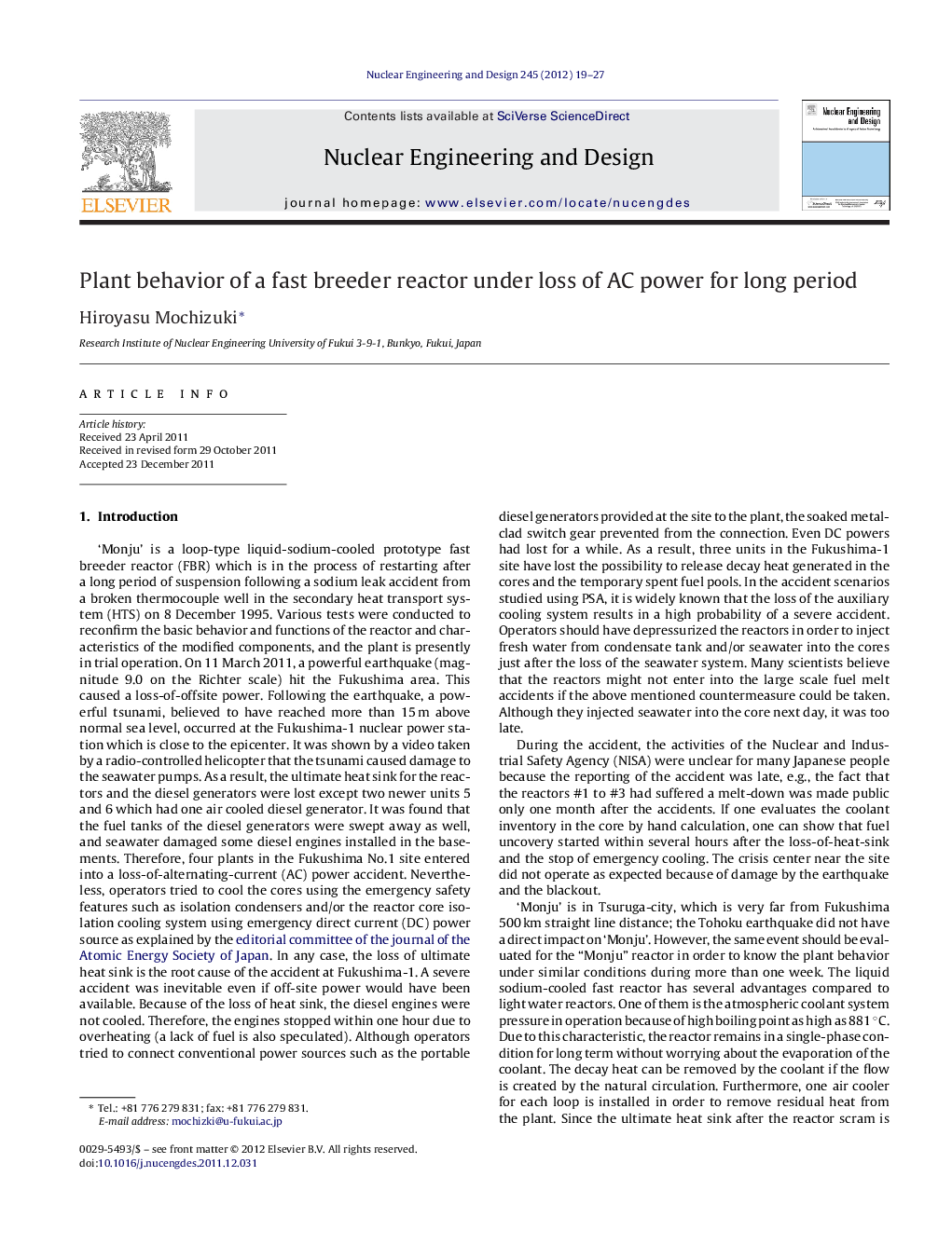 Plant behavior of a fast breeder reactor under loss of AC power for long period