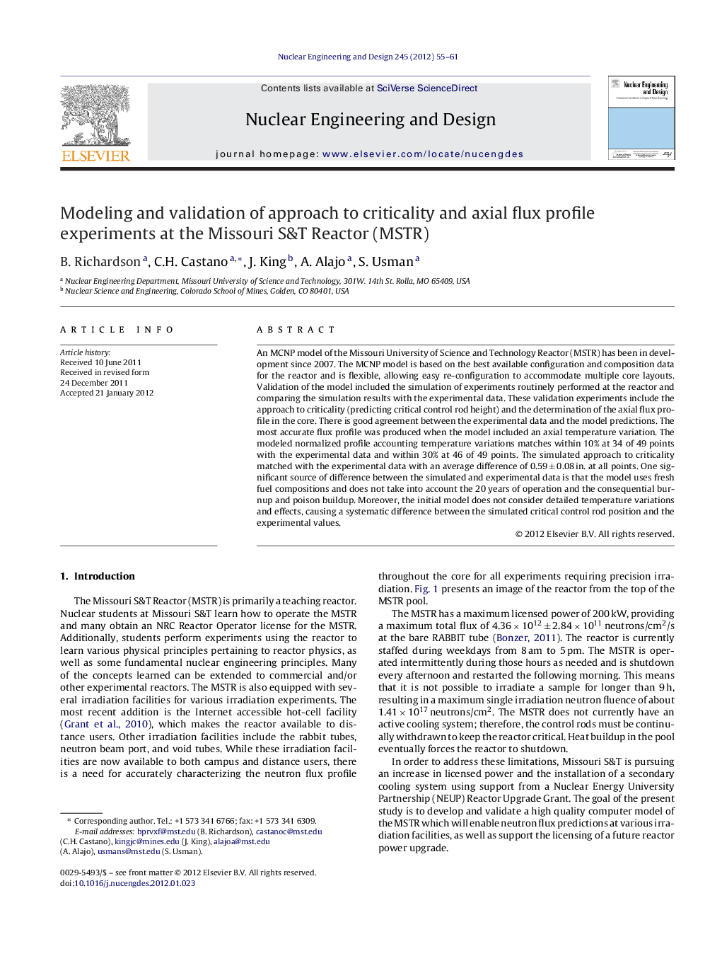 Modeling and validation of approach to criticality and axial flux profile experiments at the Missouri S&T Reactor (MSTR)