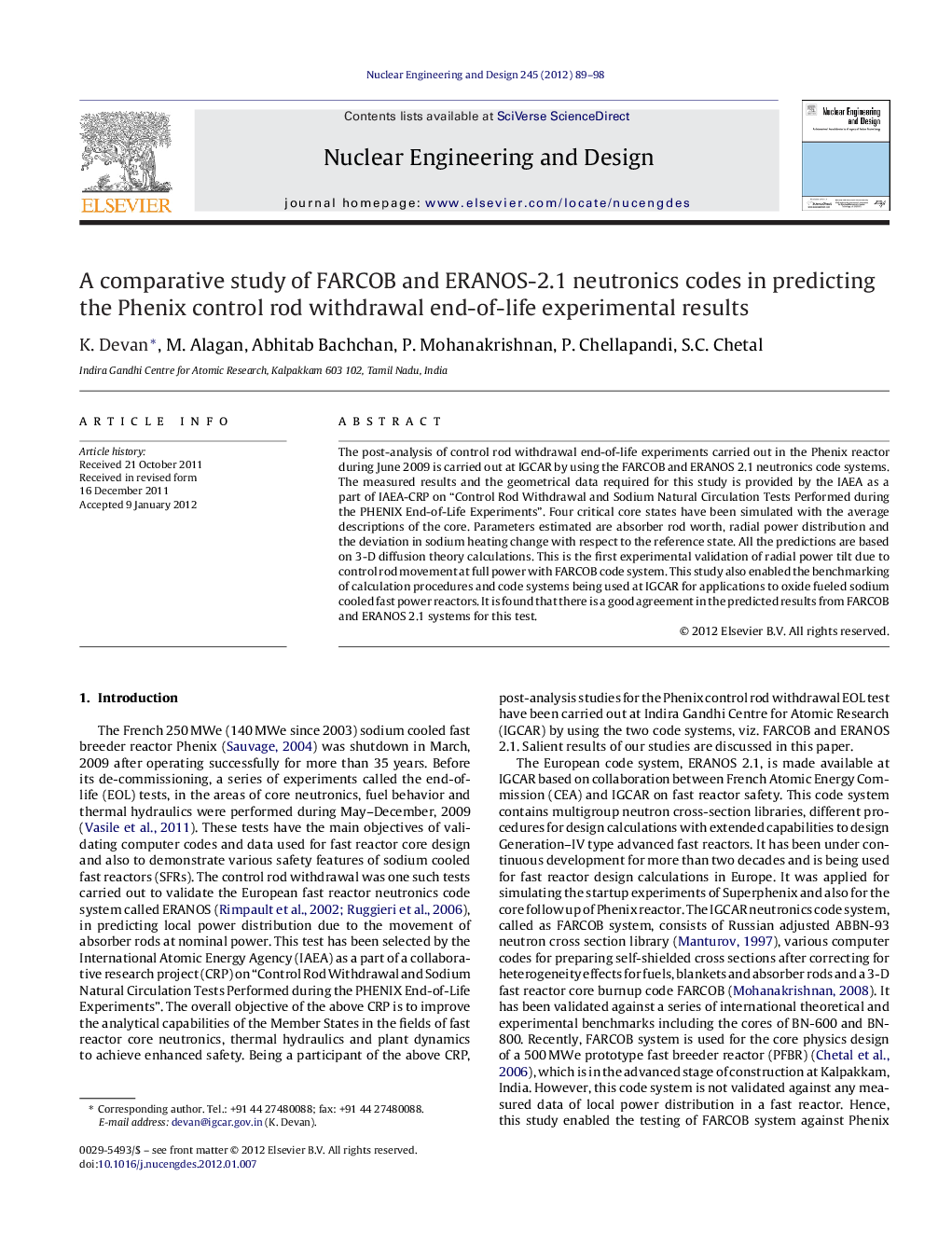 A comparative study of FARCOB and ERANOS-2.1 neutronics codes in predicting the Phenix control rod withdrawal end-of-life experimental results