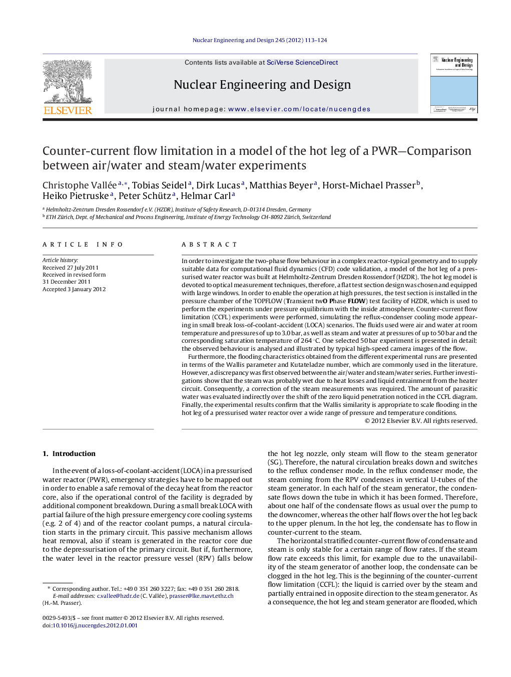 Counter-current flow limitation in a model of the hot leg of a PWR—Comparison between air/water and steam/water experiments