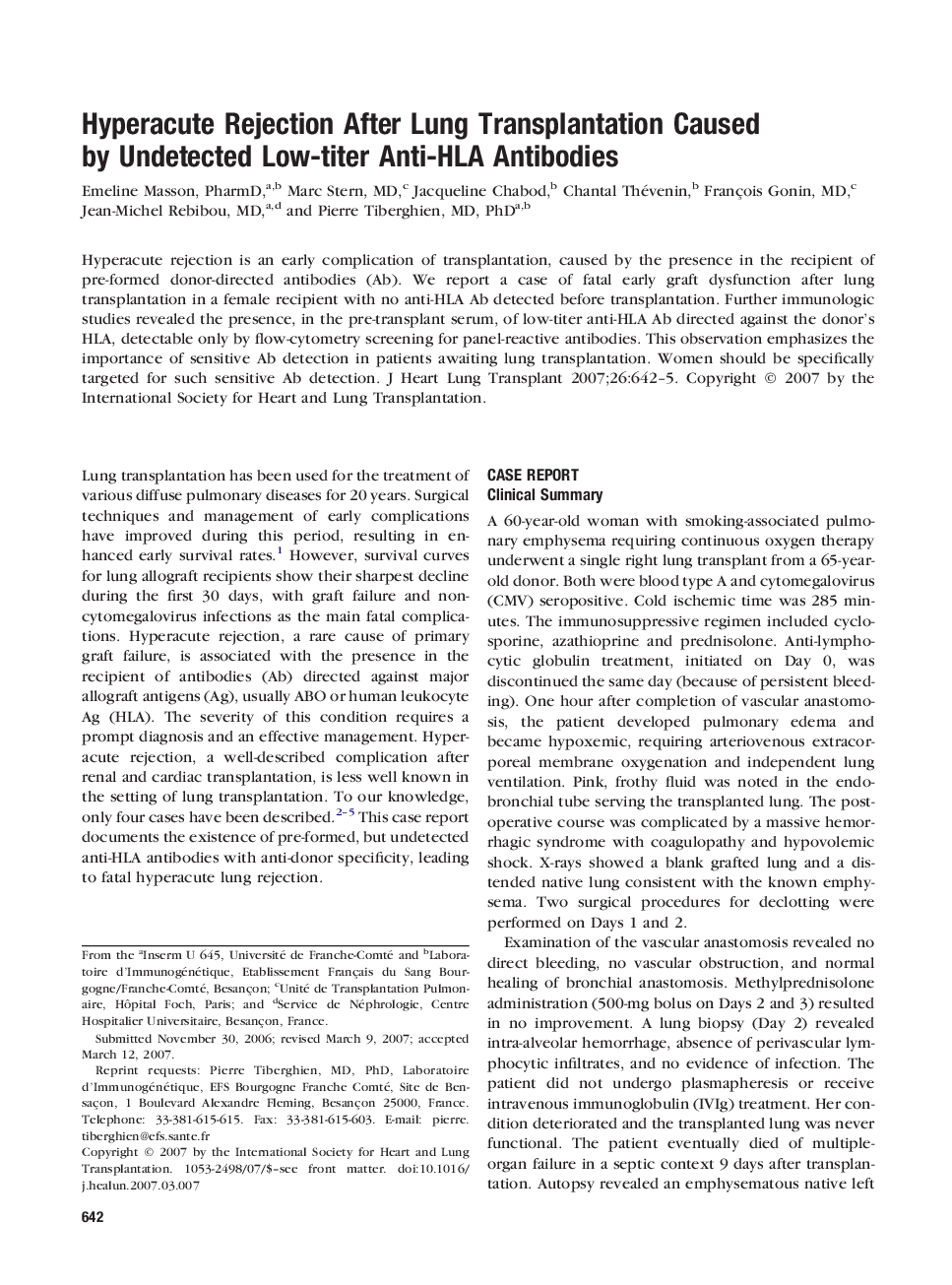 Hyperacute Rejection After Lung Transplantation Caused by Undetected Low-titer Anti-HLA Antibodies