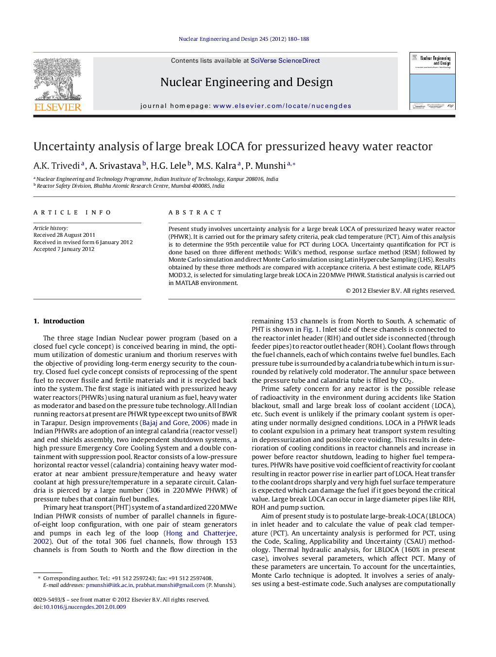 Uncertainty analysis of large break LOCA for pressurized heavy water reactor