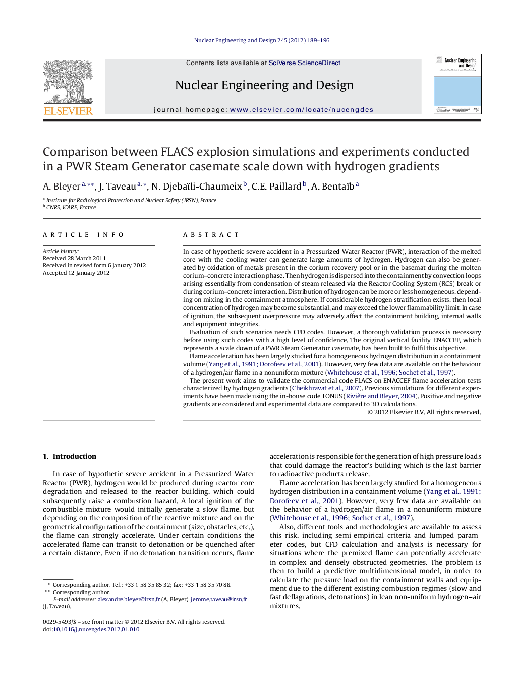 Comparison between FLACS explosion simulations and experiments conducted in a PWR Steam Generator casemate scale down with hydrogen gradients