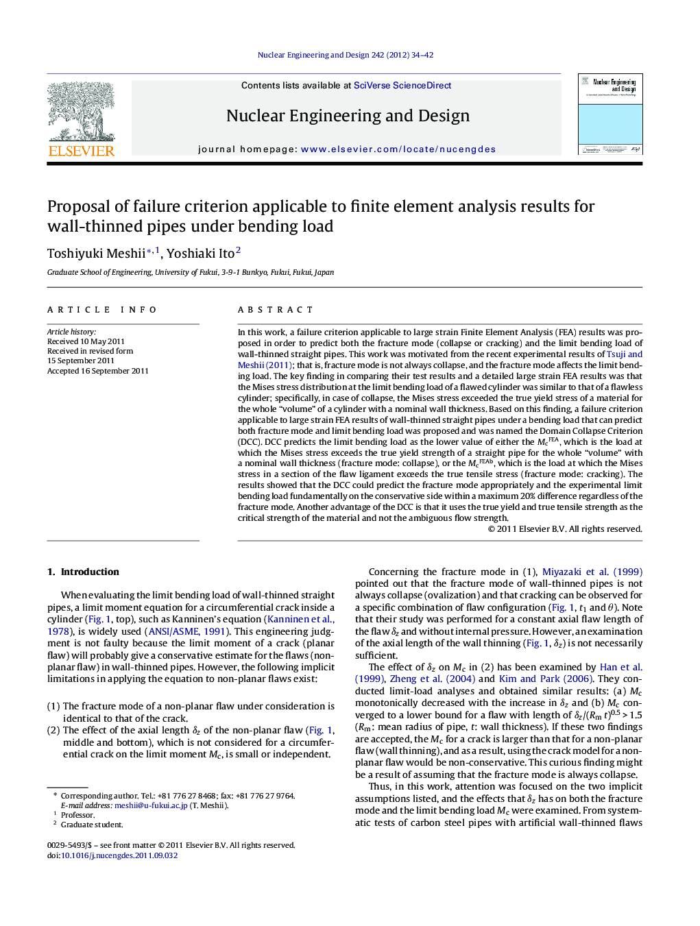 Proposal of failure criterion applicable to finite element analysis results for wall-thinned pipes under bending load
