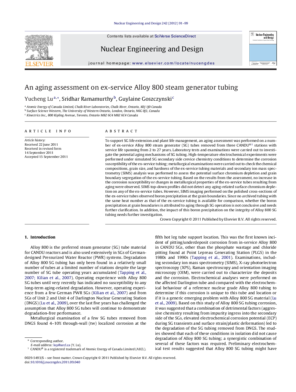 An aging assessment on ex-service Alloy 800 steam generator tubing