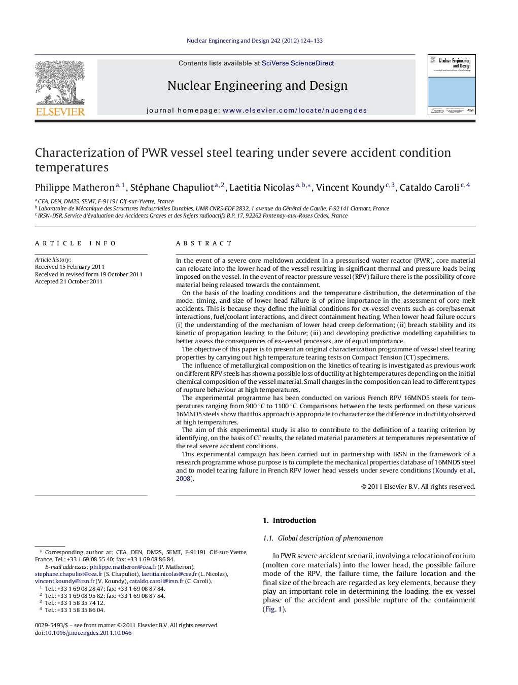 Characterization of PWR vessel steel tearing under severe accident condition temperatures
