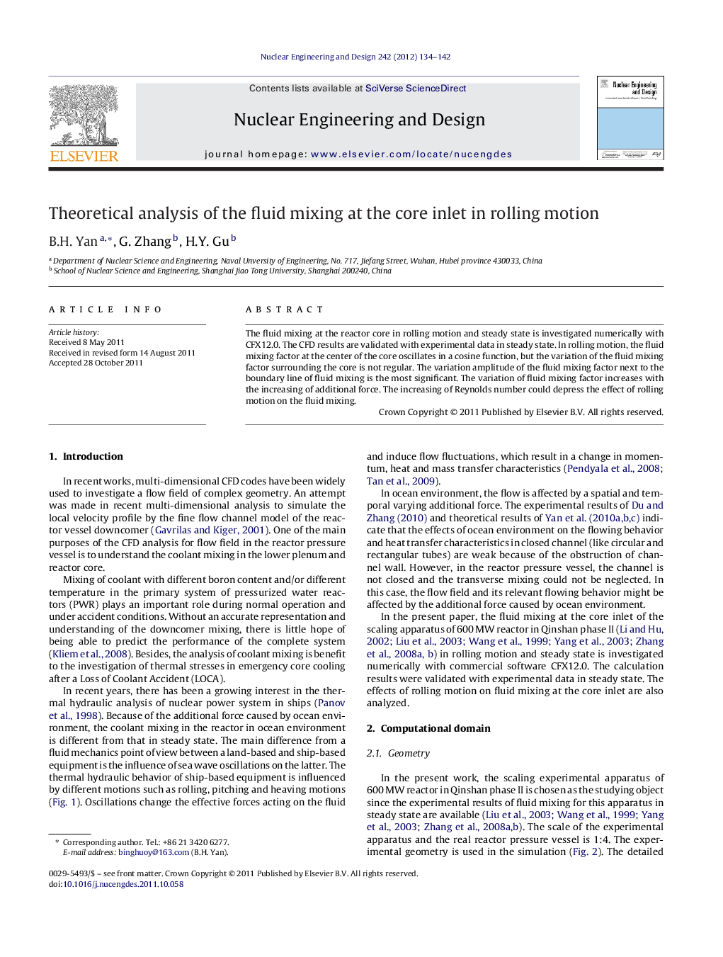 Theoretical analysis of the fluid mixing at the core inlet in rolling motion