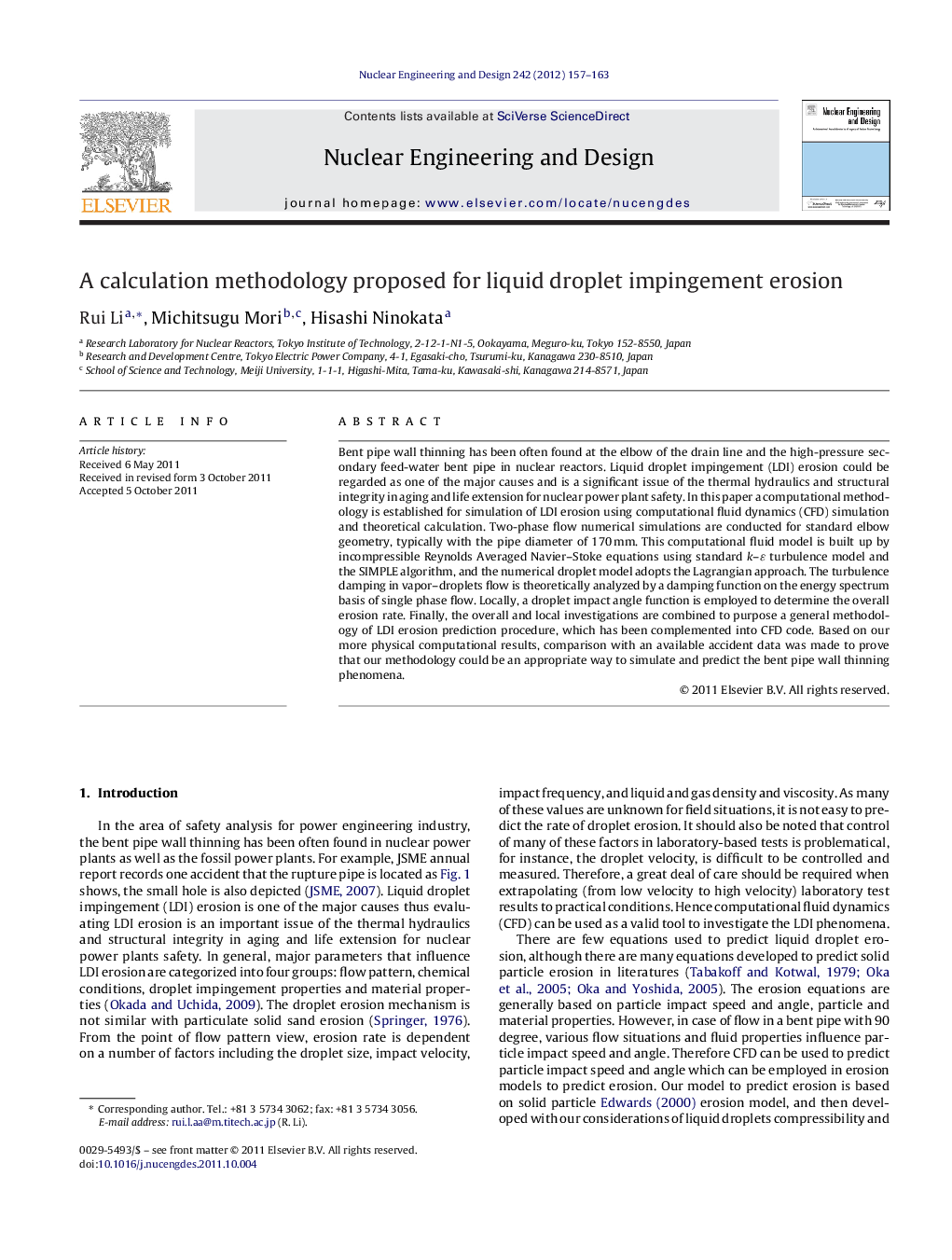 A calculation methodology proposed for liquid droplet impingement erosion