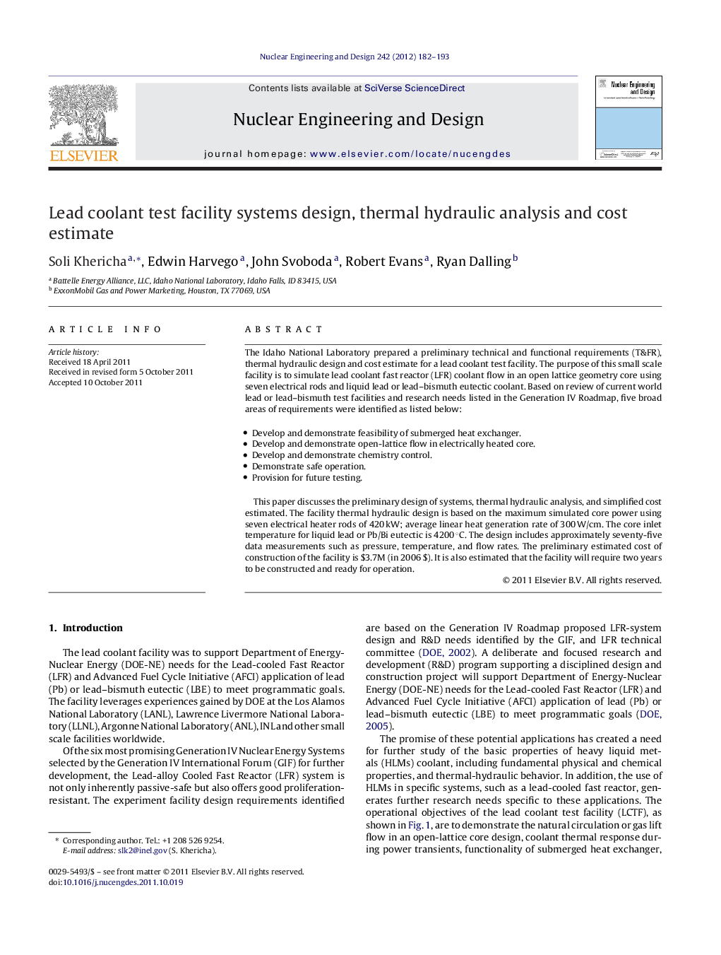 Lead coolant test facility systems design, thermal hydraulic analysis and cost estimate
