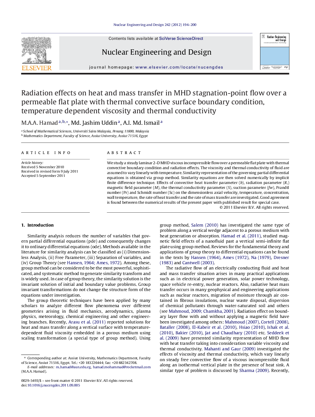 Radiation effects on heat and mass transfer in MHD stagnation-point flow over a permeable flat plate with thermal convective surface boundary condition, temperature dependent viscosity and thermal conductivity